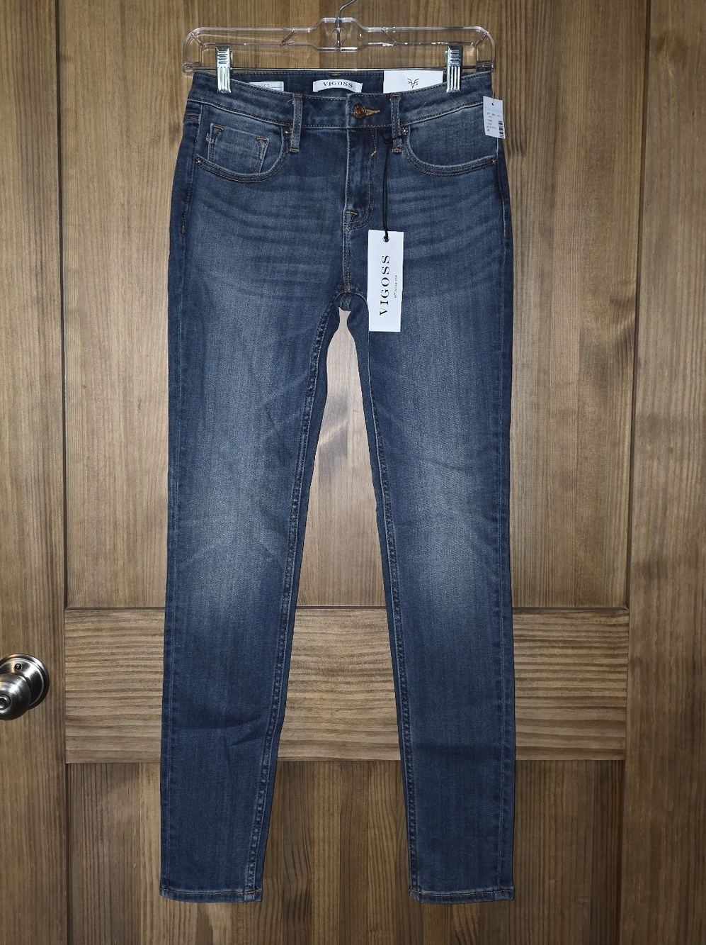 VIGOSS Women's Mid-Rise Skinny Jeans in Dark Blue Wash